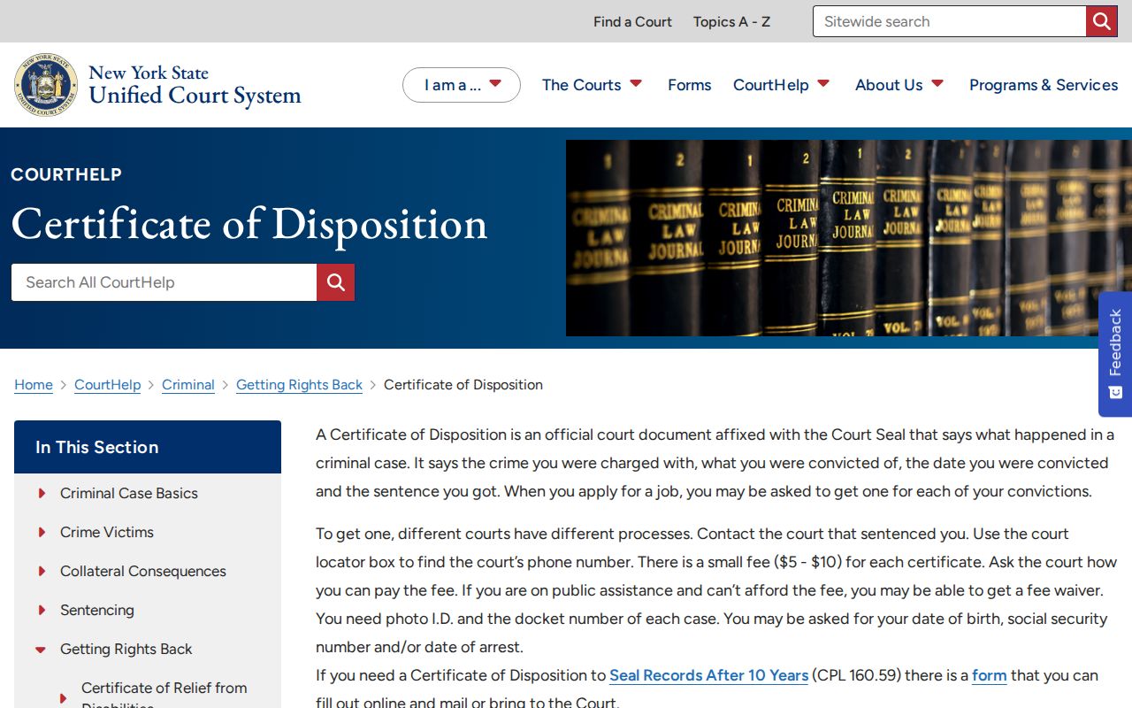 Rensselaer County criminal court case Certificate of Disposition guidance