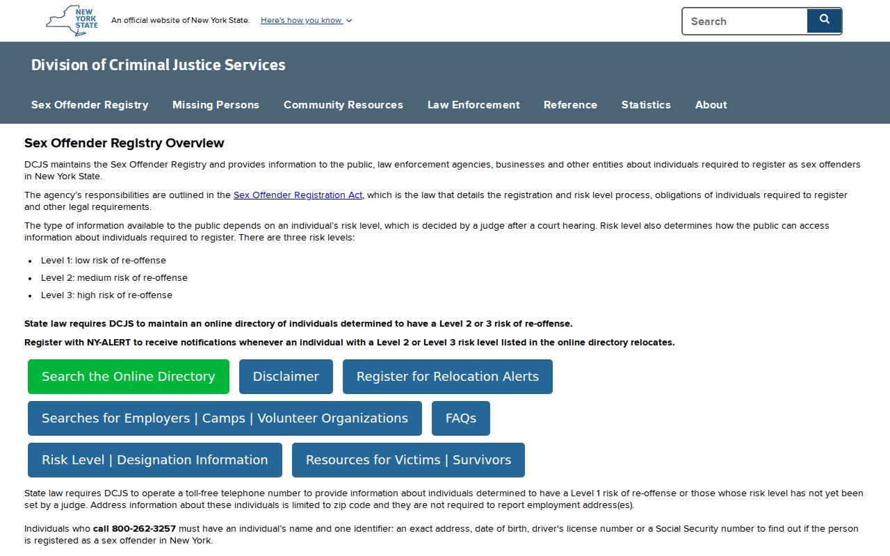 Rensselaer County sex offender registry access overview from DCJS