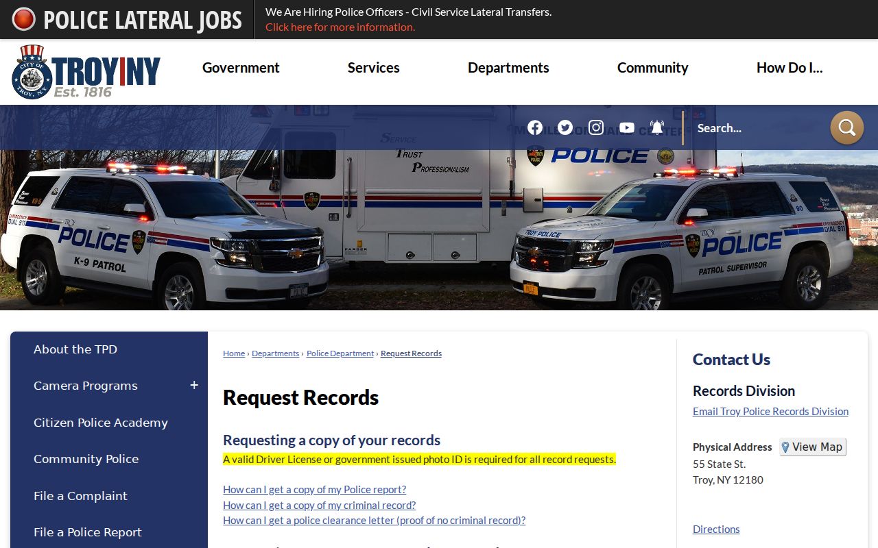 Troy criminal records request page for police reports